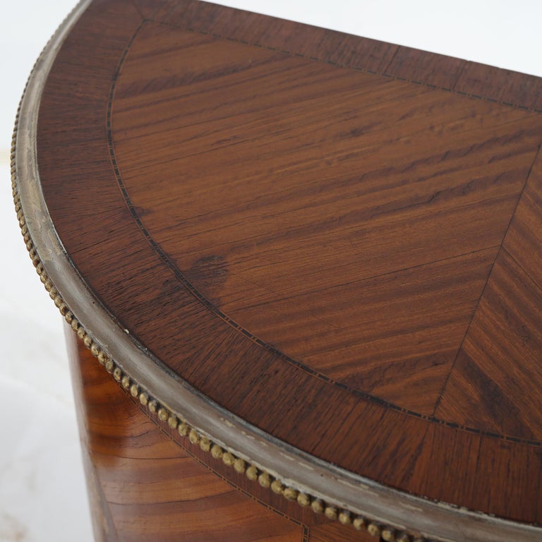 Two Antique Antique French Satinwood Inlaid Marquetry Demilune Side Tables C1920