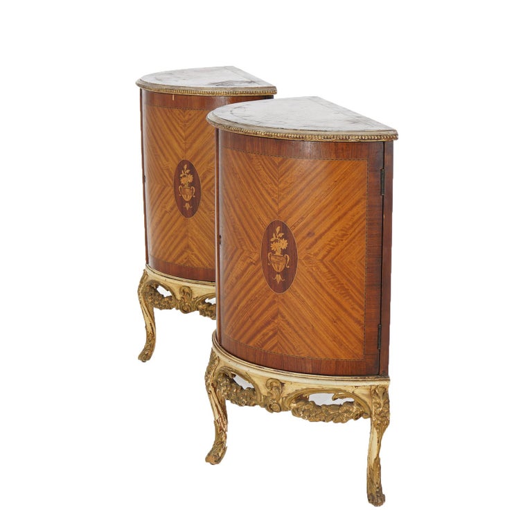 Two Antique Antique French Satinwood Inlaid Marquetry Demilune Side Tables C1920