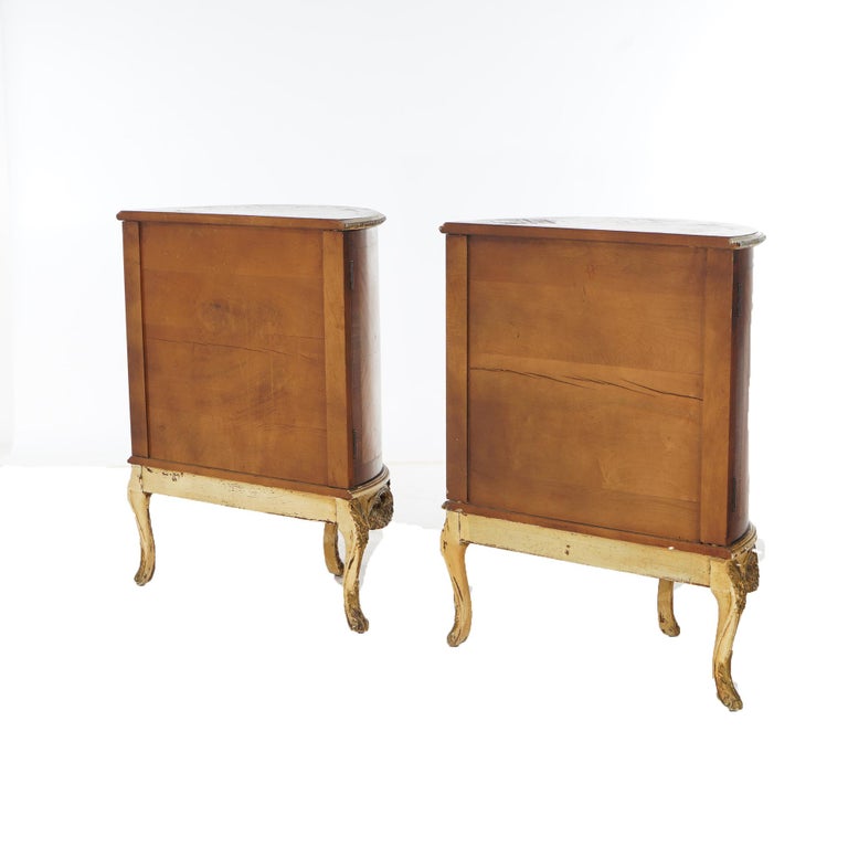 Two Antique Antique French Satinwood Inlaid Marquetry Demilune Side Tables C1920