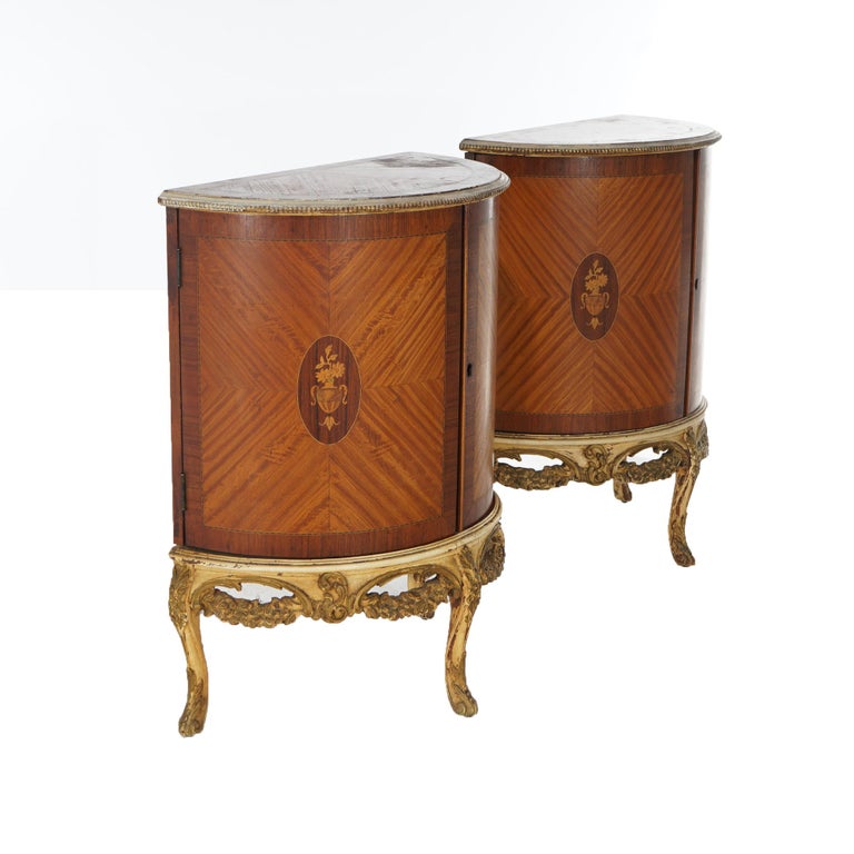 Two Antique Antique French Satinwood Inlaid Marquetry Demilune Side Tables C1920
