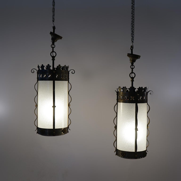 Three Gothic Yellin & Bach Style Arts & Crafts Wrought Iron Hanging Lights C1920
