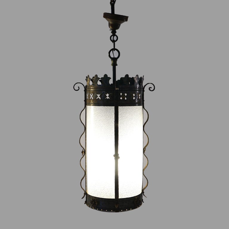 Three Gothic Yellin & Bach Style Arts & Crafts Wrought Iron Hanging Lights C1920