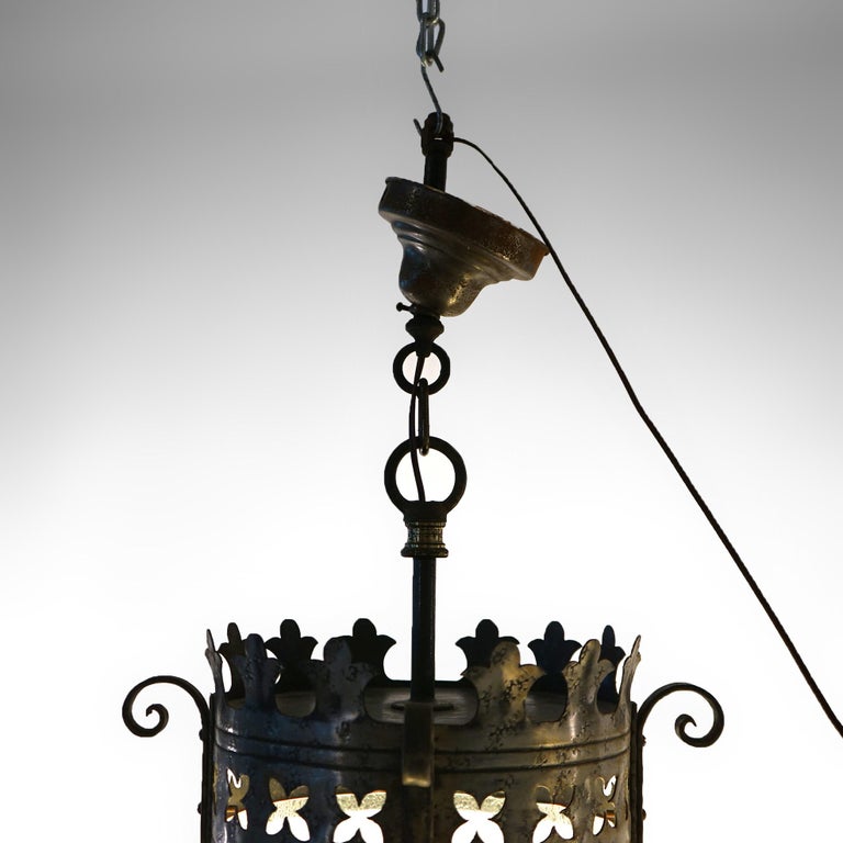Three Gothic Yellin & Bach Style Arts & Crafts Wrought Iron Hanging Lights C1920