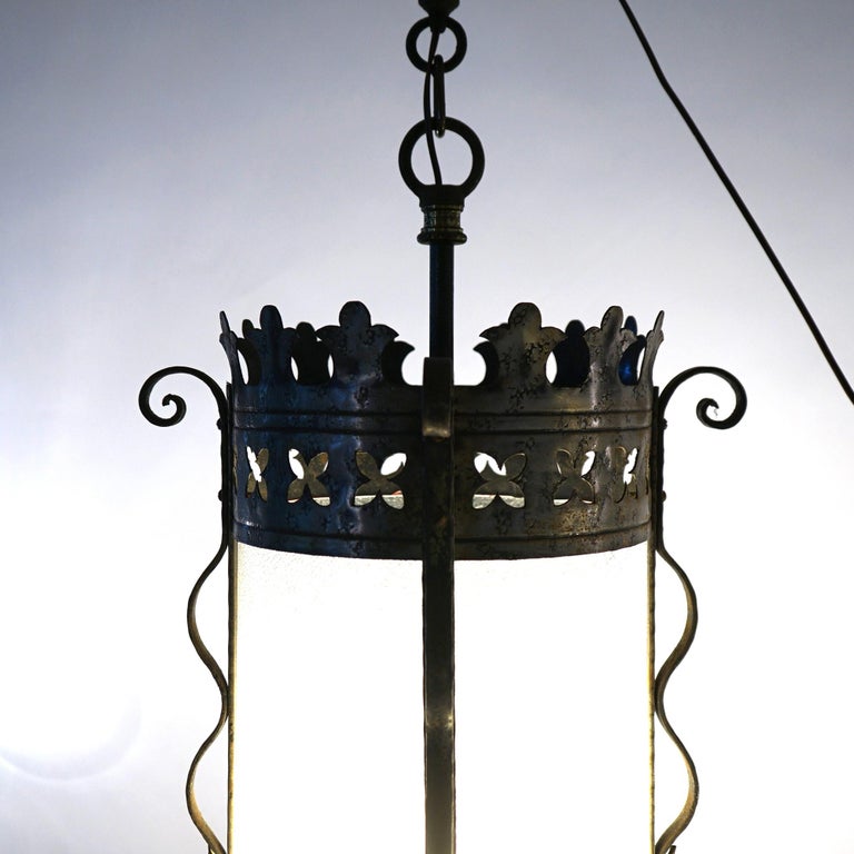 Three Gothic Yellin & Bach Style Arts & Crafts Wrought Iron Hanging Lights C1920
