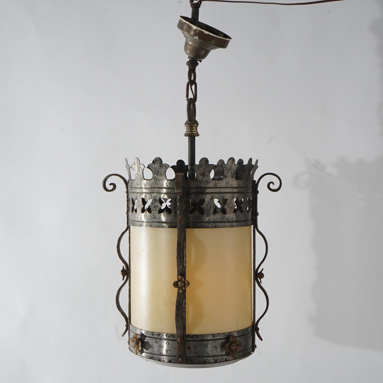 Three Gothic Yellin & Bach Style Arts & Crafts Wrought Iron Hanging Lights C1920
