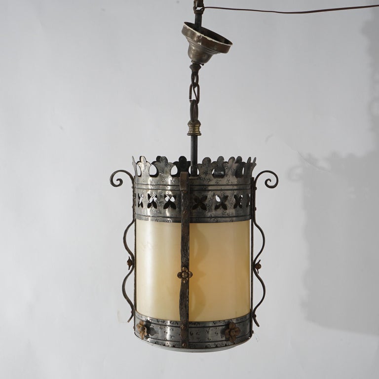 Three Gothic Yellin & Bach Style Arts & Crafts Wrought Iron Hanging Lights C1920