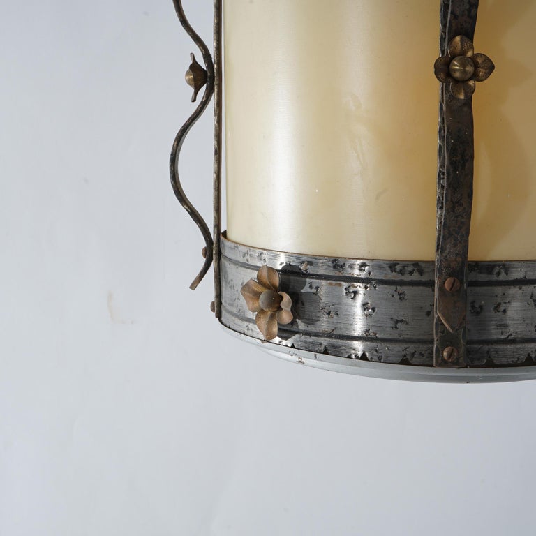 Three Gothic Yellin & Bach Style Arts & Crafts Wrought Iron Hanging Lights C1920