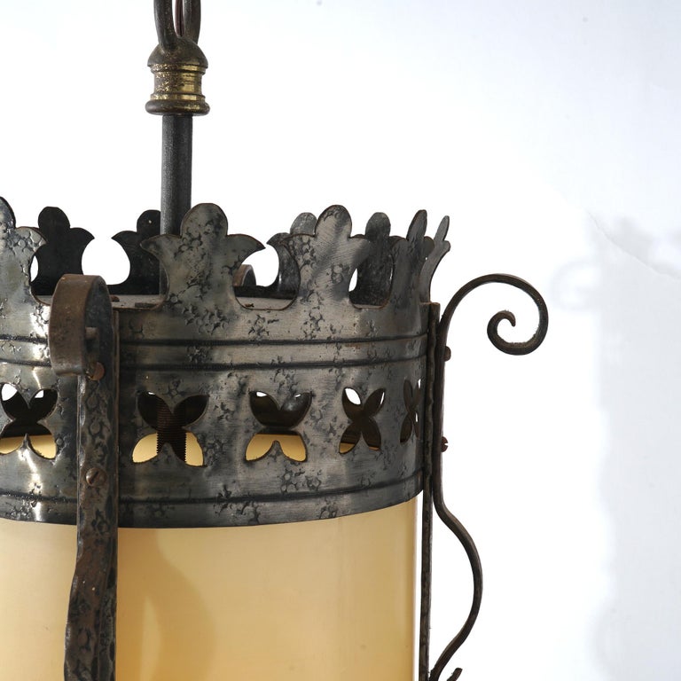 Three Gothic Yellin & Bach Style Arts & Crafts Wrought Iron Hanging Lights C1920