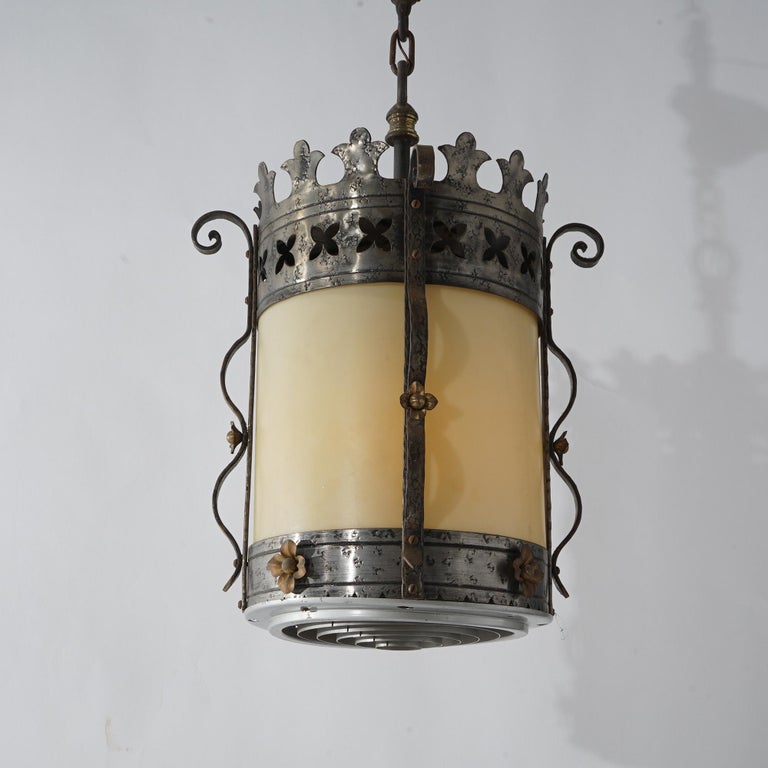 Three Gothic Yellin & Bach Style Arts & Crafts Wrought Iron Hanging Lights C1920