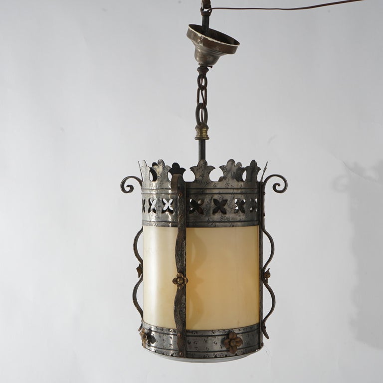 Three Gothic Yellin & Bach Style Arts & Crafts Wrought Iron Hanging Lights C1920