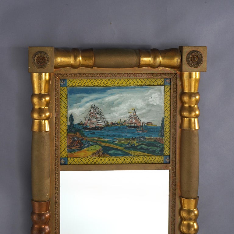 Antique American Classical Empire First Finish Eglomise & Giltwood Wall Mirror