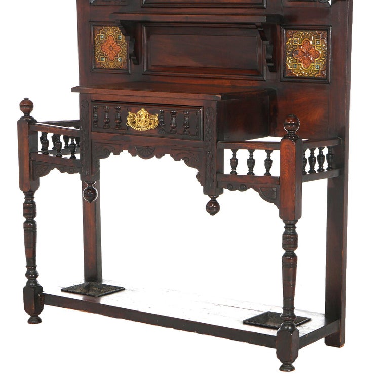 Antique Carved Mahogany Hall Tree with Decorative Tile And Mirror C1900