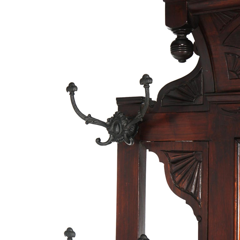 Antique Carved Mahogany Hall Tree with Decorative Tile And Mirror C1900