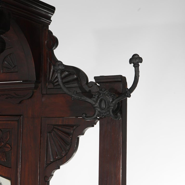 Antique Carved Mahogany Hall Tree with Decorative Tile And Mirror C1900