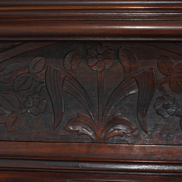 Antique Carved Mahogany Hall Tree with Decorative Tile And Mirror C1900