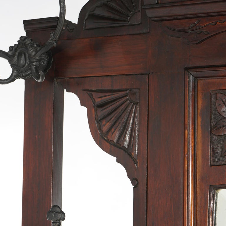 Antique Carved Mahogany Hall Tree with Decorative Tile And Mirror C1900