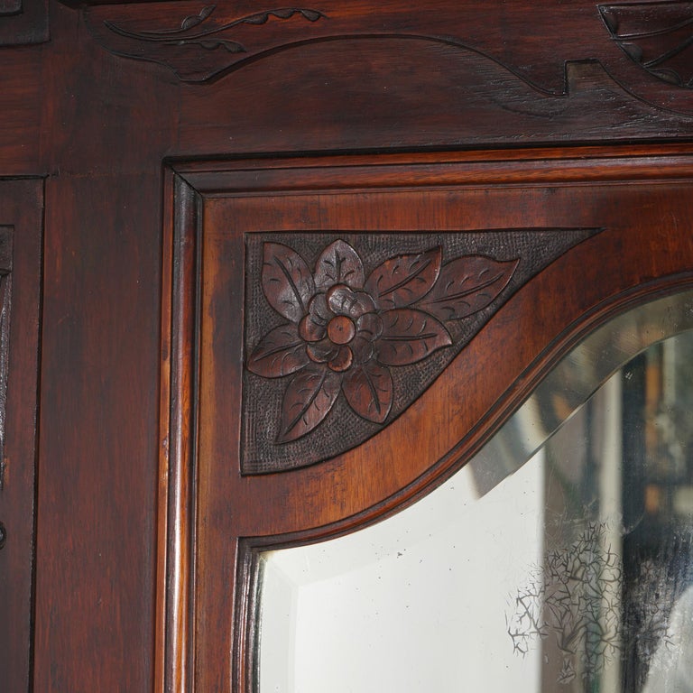 Antique Carved Mahogany Hall Tree with Decorative Tile And Mirror C1900