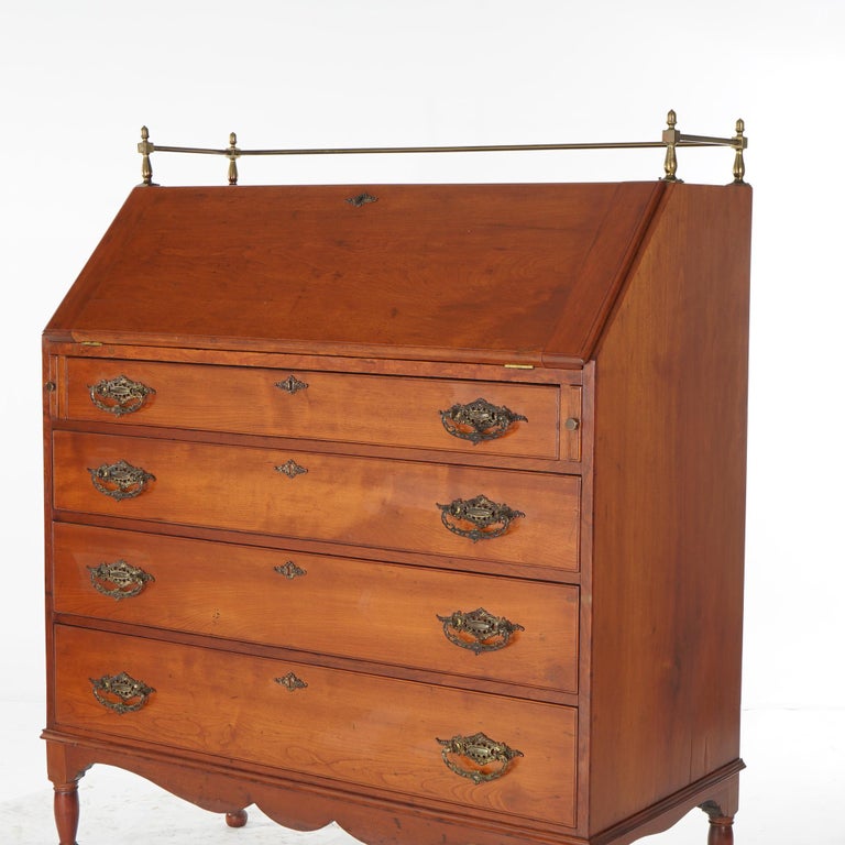 Sheraton Cherry Drop Front Desk with Graduated Drawers & Brass Gallery, C1820