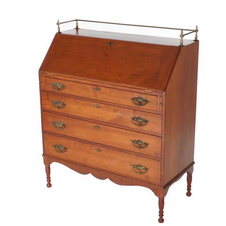 Sheraton Cherry Drop Front Desk with Graduated Drawers & Brass Gallery, C1820