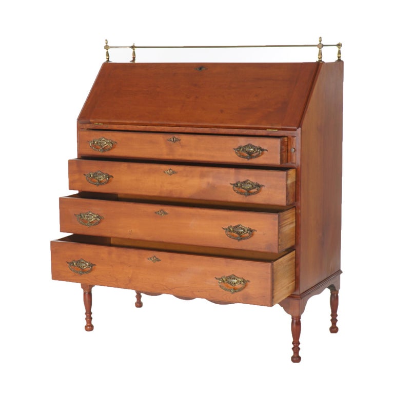 Sheraton Cherry Drop Front Desk with Graduated Drawers & Brass Gallery, C1820