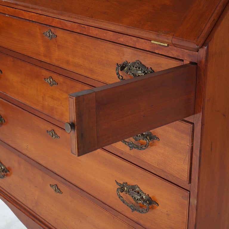 Sheraton Cherry Drop Front Desk with Graduated Drawers & Brass Gallery, C1820