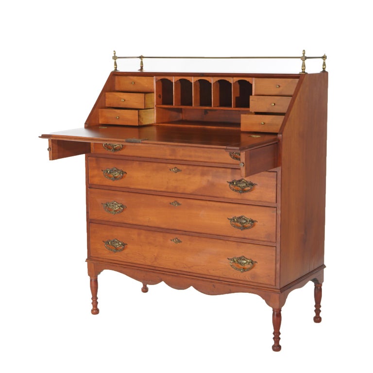 Sheraton Cherry Drop Front Desk with Graduated Drawers & Brass Gallery, C1820