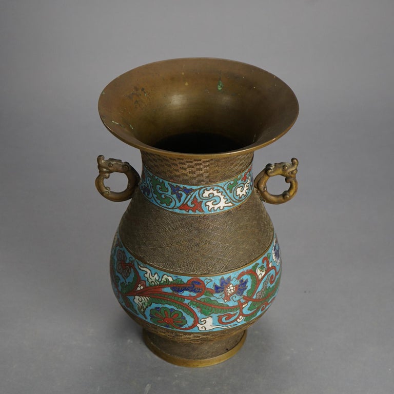 Antique Chinese Bronze Cloisonne Enameled Double Handled Vase C1910