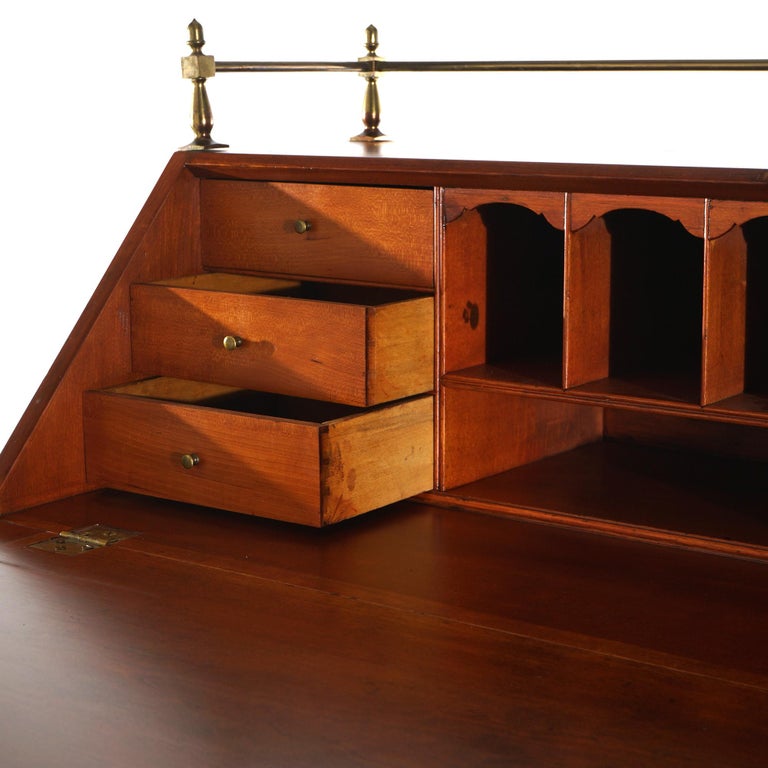 Sheraton Cherry Drop Front Desk with Graduated Drawers & Brass Gallery, C1820