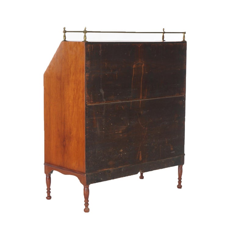 Sheraton Cherry Drop Front Desk with Graduated Drawers & Brass Gallery, C1820