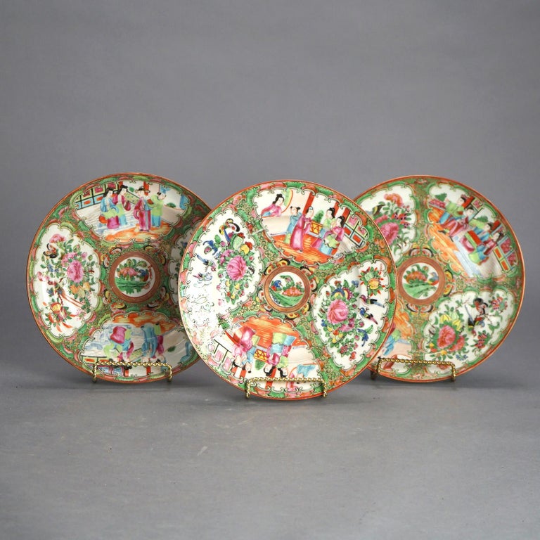 Three Antique Chinese Rose Medallion Porcelain Low Bowls with Genre Scenes C1900