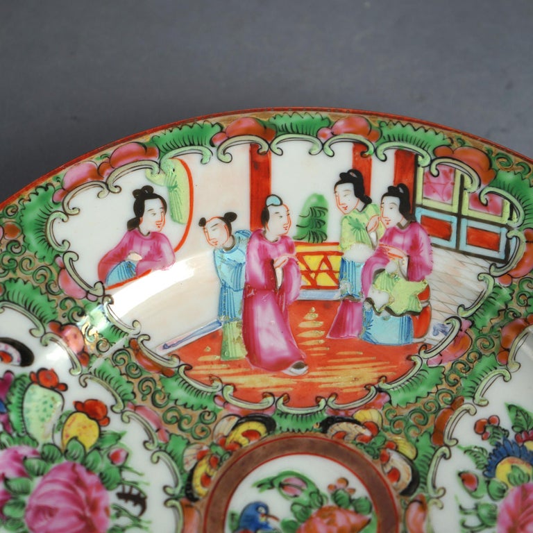 Three Antique Chinese Rose Medallion Porcelain Low Bowls with Genre Scenes C1900