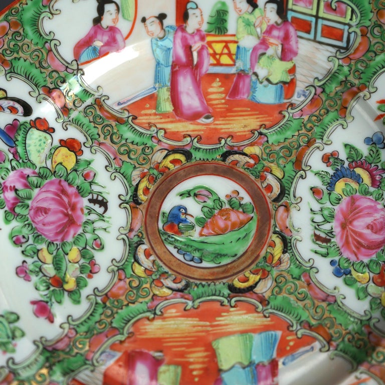 Three Antique Chinese Rose Medallion Porcelain Low Bowls with Genre Scenes C1900