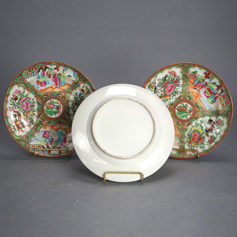 Three Antique Chinese Rose Medallion Porcelain Low Bowls with Genre Scenes C1900