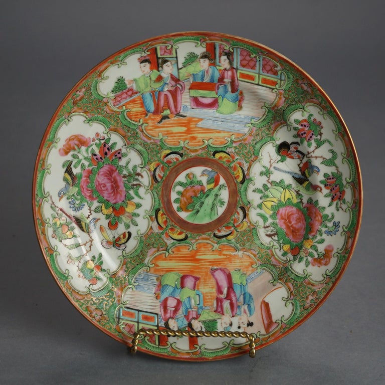 Three Antique Chinese Rose Medallion Porcelain Low Bowls with Genre Scenes C1900