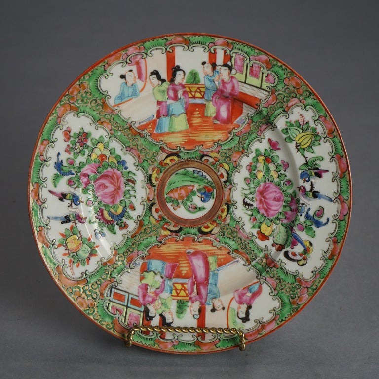 Three Antique Chinese Rose Medallion Porcelain Low Bowls with Genre Scenes C1900