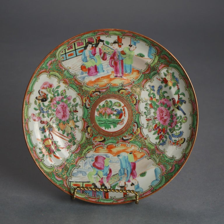 Three Antique Chinese Rose Medallion Porcelain Low Bowls with Genre Scenes C1900