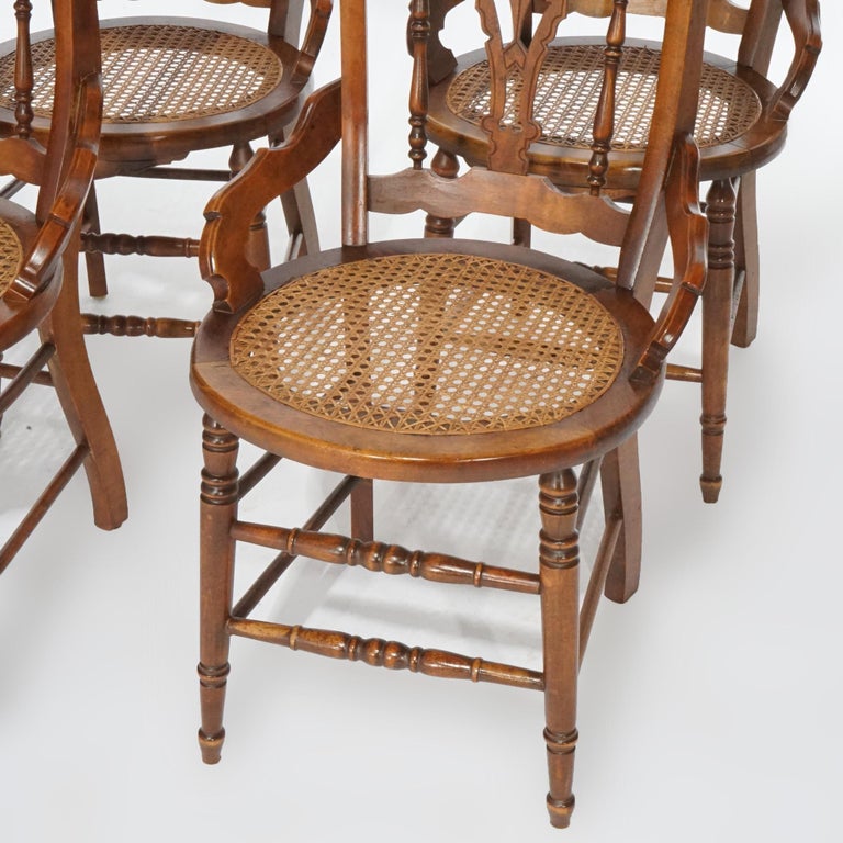 Antique Set of Four Victorian Walnut, Burl & Cane Seat Dining Chairs, Circa 1890