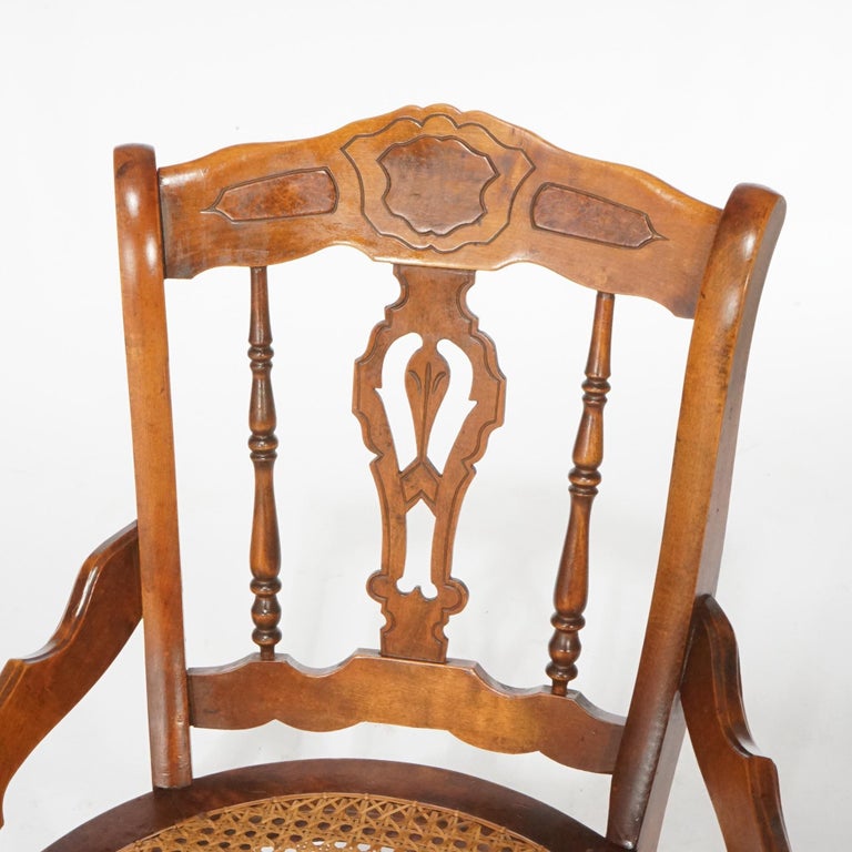 Antique Set of Four Victorian Walnut, Burl & Cane Seat Dining Chairs, Circa 1890