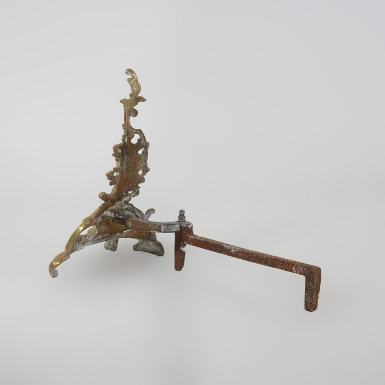 Antique French Louis XIV Bronze Foliate Form Fireplace Andiron Chenets C1890