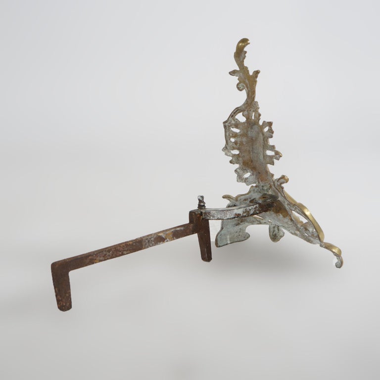 Antique French Louis XIV Bronze Foliate Form Fireplace Andiron Chenets C1890