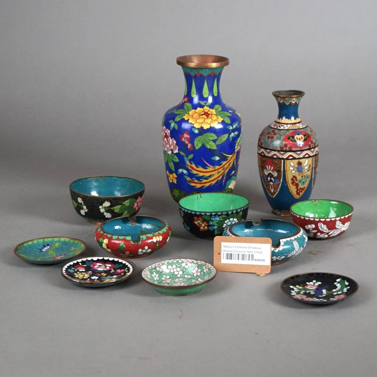 Twelve Various Chinese Cloisonne Floral Enameled Items C1920