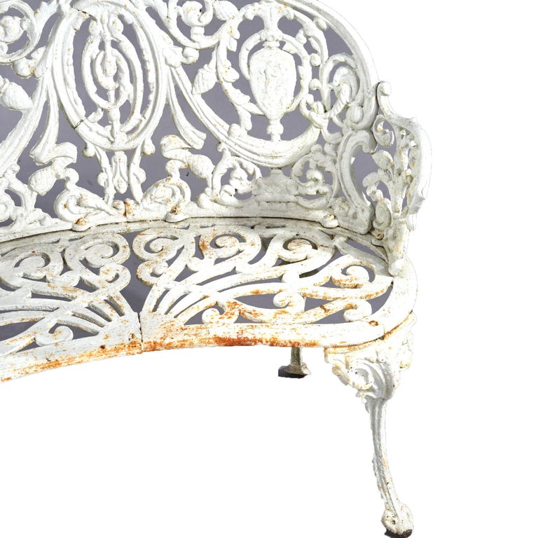 Antique Painted Cast Iron Cameo & Floral Garden Settee c1920