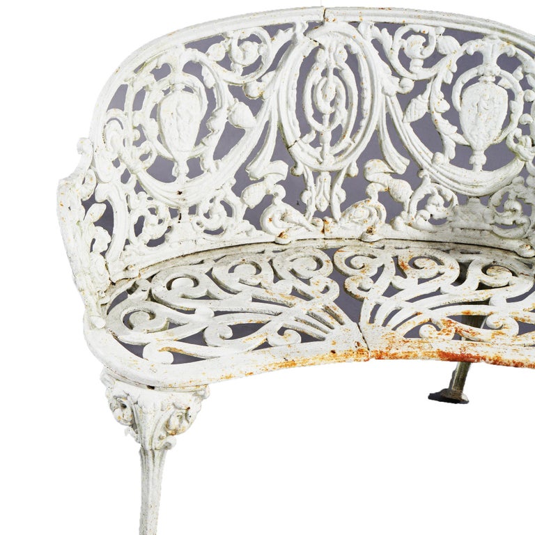 Antique Painted Cast Iron Cameo & Floral Garden Settee c1920