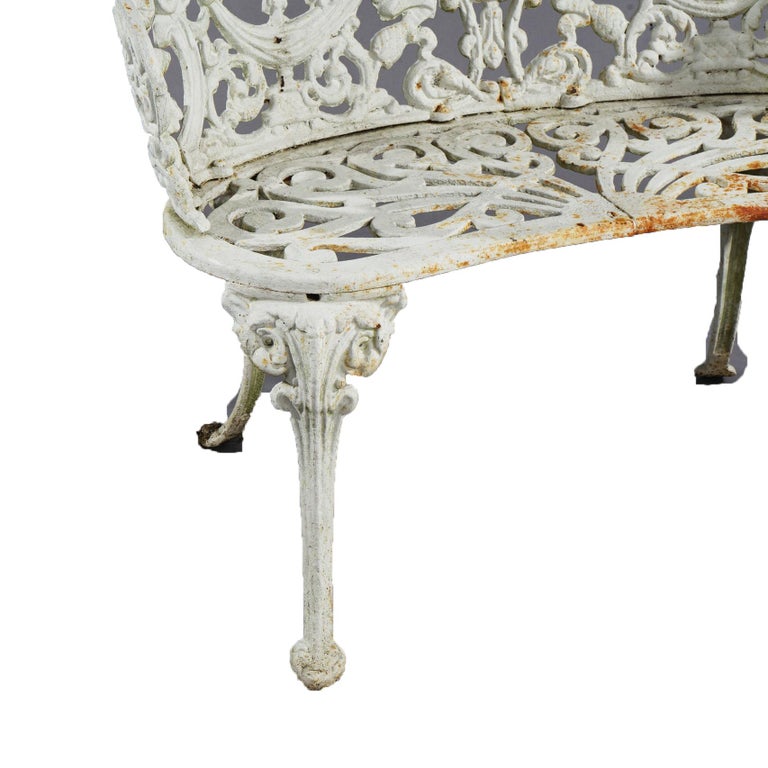 Antique Painted Cast Iron Cameo & Floral Garden Settee c1920