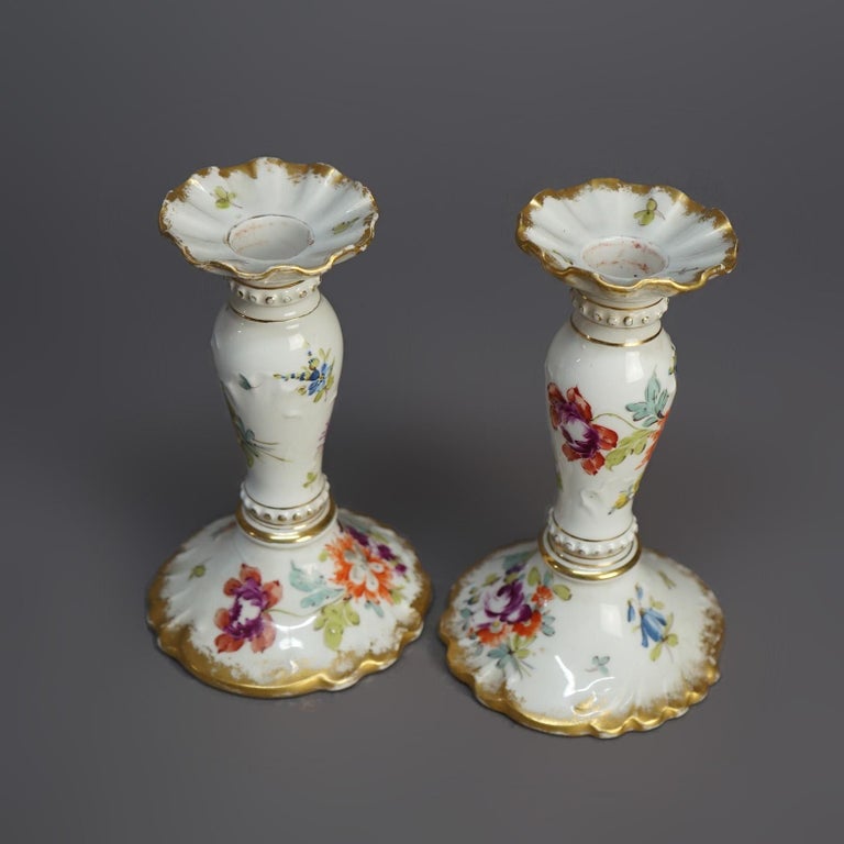 Antique German Hand Painted & Gilt Floral Porcelain Candlesticks, Berlin C1900