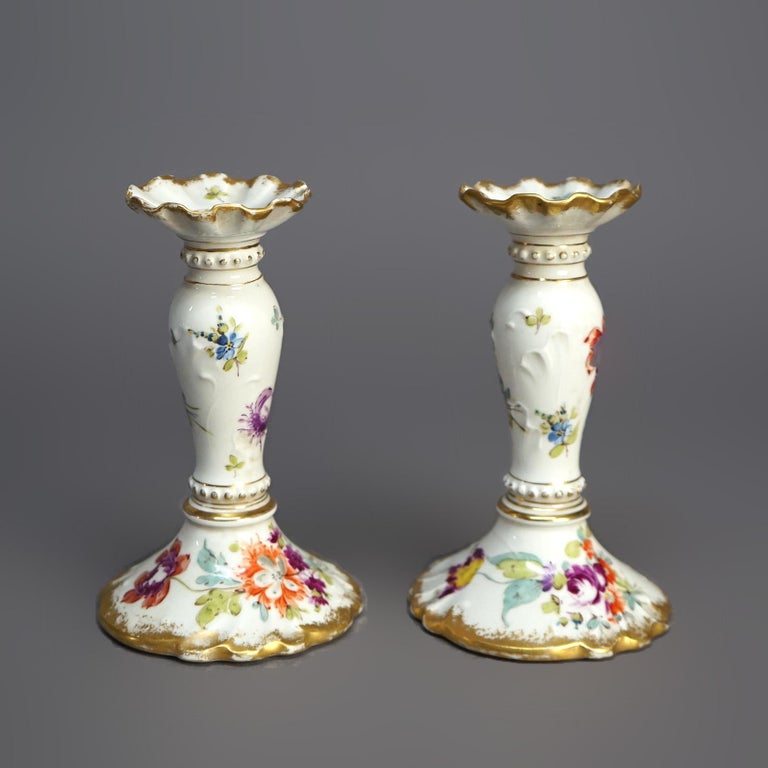 Antique German Hand Painted & Gilt Floral Porcelain Candlesticks, Berlin C1900