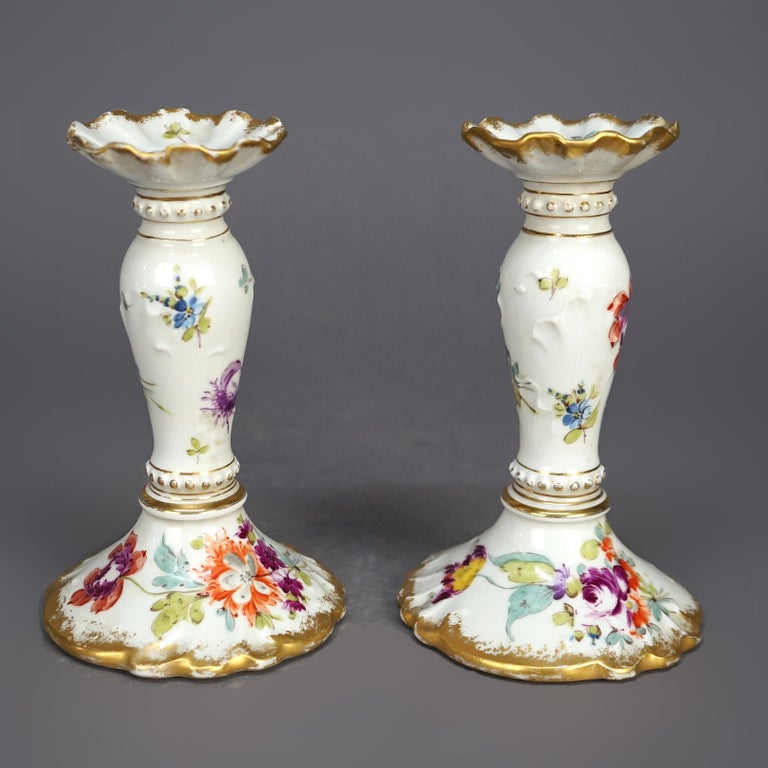 Antique German Hand Painted & Gilt Floral Porcelain Candlesticks, Berlin C1900