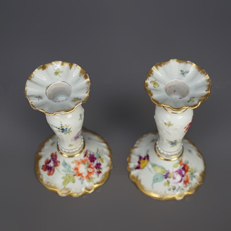 Antique German Hand Painted & Gilt Floral Porcelain Candlesticks, Berlin C1900