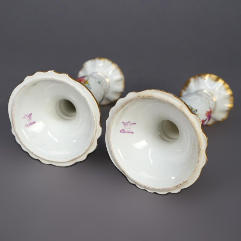 Antique German Hand Painted & Gilt Floral Porcelain Candlesticks, Berlin C1900