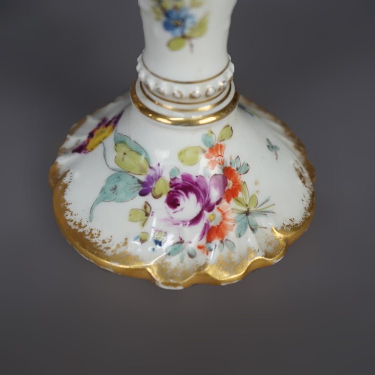 Antique German Hand Painted & Gilt Floral Porcelain Candlesticks, Berlin C1900